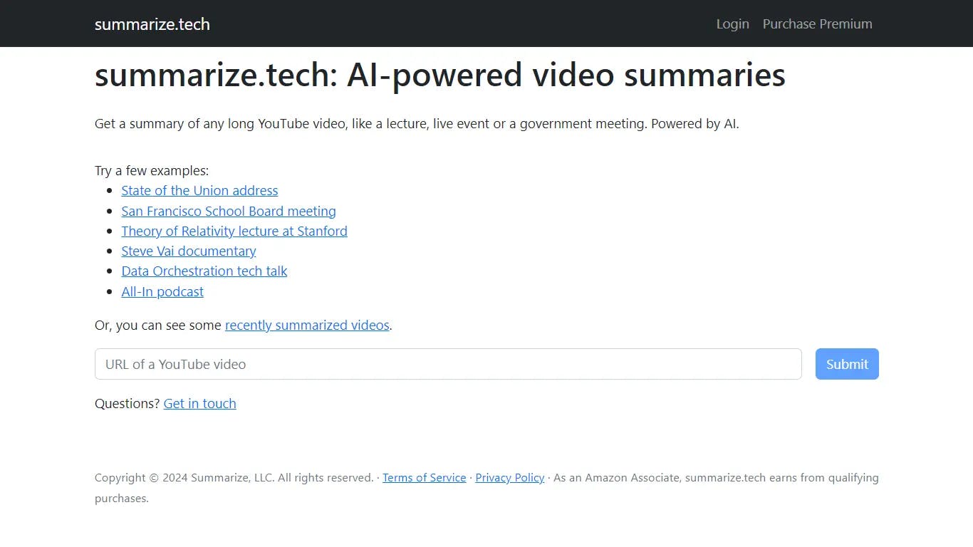 summarize.tech for long youtube videos
